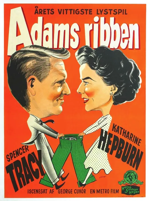 Framed Print : ADAM'S RIB, (aka ADAMS RIBBEN), l-r: Spencer Tracy, Katharine Hepburn on Danish poster art, 1949