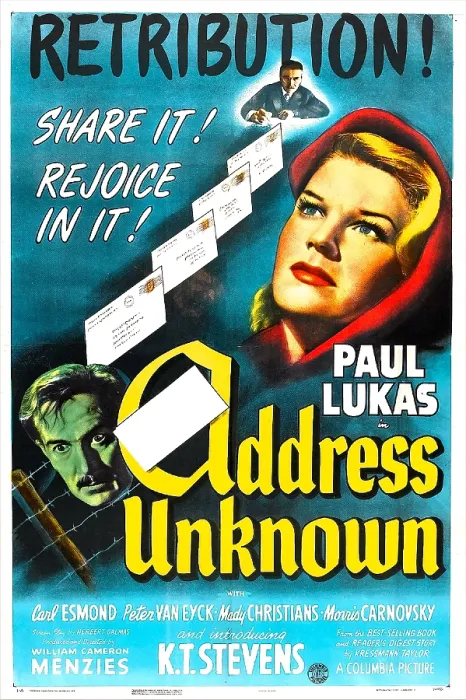Framed Print : ADDRESS UNKNOWN, US poster, far left: Paul Lukas, far right: K.T. Stevens, 1944 Framed Print : ADDRESS UNKNOWN, US poster, far left: Paul Lukas, far right: K.T. Stevens, 1944