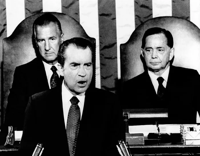 Framed Print : Addressing Congress, President Richard Nixon announces a 90-day wage-rent freeze to be started on August 15, 1971, would not be extended. Behind him are Vice Pres Framed Print : Addressing Congress, President Richard Nixon announces a 90-day wage-rent freeze to be started on August 15, 1971, would not be extended. Behind him are Vice Pres