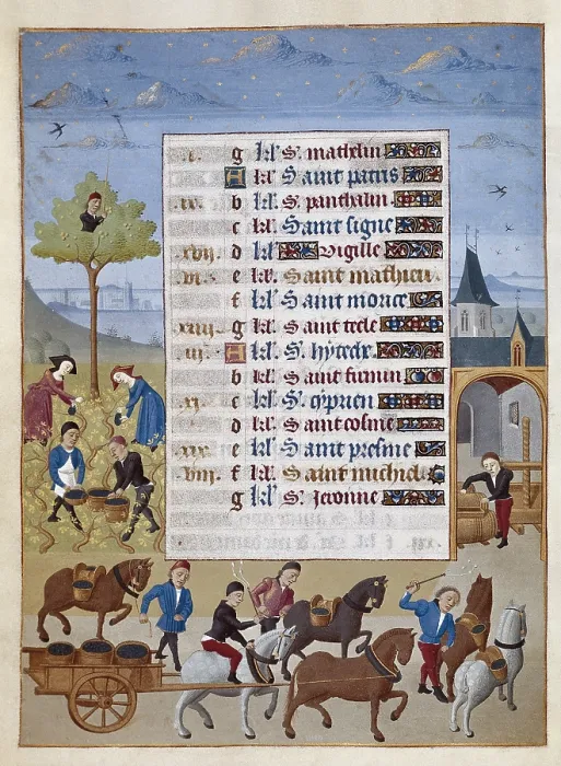 Framed Print : ADELAIDA DE SABOYA, Maestro de(15th c.); JEAN ROLIN, Maestro de(15th c.). The Hours of Adelaide of Savoy, Duchess of Burgundy. 1460-1465. September: fol. 3r