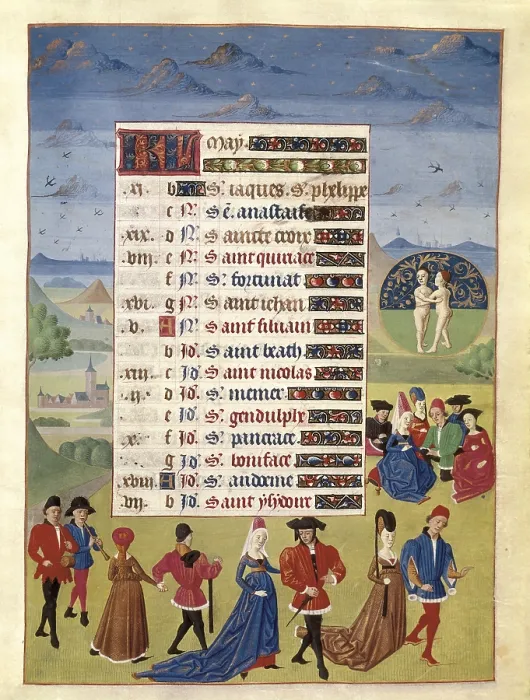 Framed Print : ADELAIDA DE SABOYA, Maestro de(15th c.); JEAN ROLIN, Maestro de(15th c.). The Hours of Adelaide of Savoy, Duchess of Burgundy. 1460-1465. The Month of May. Dances and games