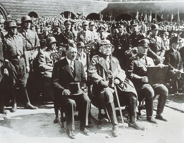 Framed Print : Adolf Hitler (Chancellor, seated on the left), Paul von Hindenburg (President, center) and Hermann Gering (Prussian Minister of the Interior) listening to the speech of M