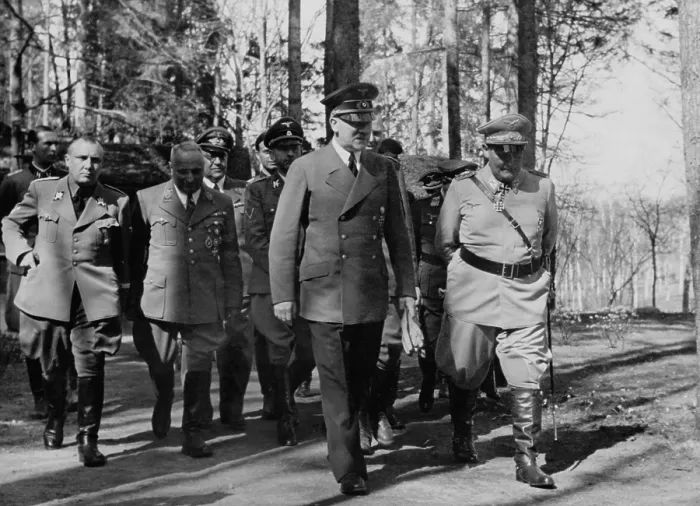 Framed Print : Adolf Hitler and Hermann Goering walking in a group. L-R: Martin Bormann, Robert Ley and Heinrich Himmler. They were at Hitler's headquarters on his birthday Framed Print : Adolf Hitler and Hermann Goering walking in a group. L-R: Martin Bormann, Robert Ley and Heinrich Himmler. They were at Hitler's headquarters on his birthday