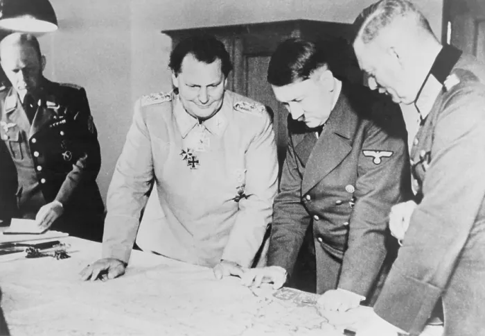 Framed Print : Adolf Hitler, Hermann Goring, and Field Marshall Keitel looking at map on table in 1942, when most Nazi armies were fighting against Russia on the Eastern front