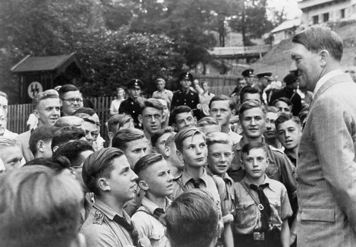 Framed Print : Adolf Hitler meets with boys of the Hitler-Jugend (Hitler Youth). Obersalzberg, Bavaria. Ca. 1937. (BSLOC_2013_11_24)