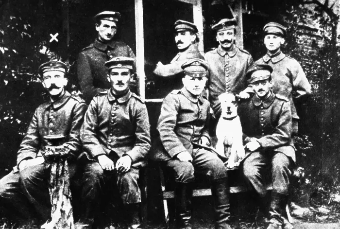 Framed Print : Adolf Hitler, front row, left with a group of German Soldiers during World War I. Ca. 1916-18