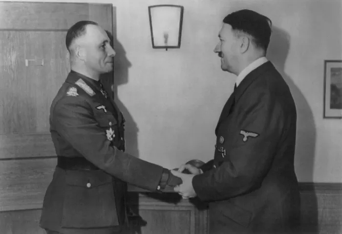 Framed Print : Adolf Hitler, shaking hands with General Erwin Rommel, March 1943
