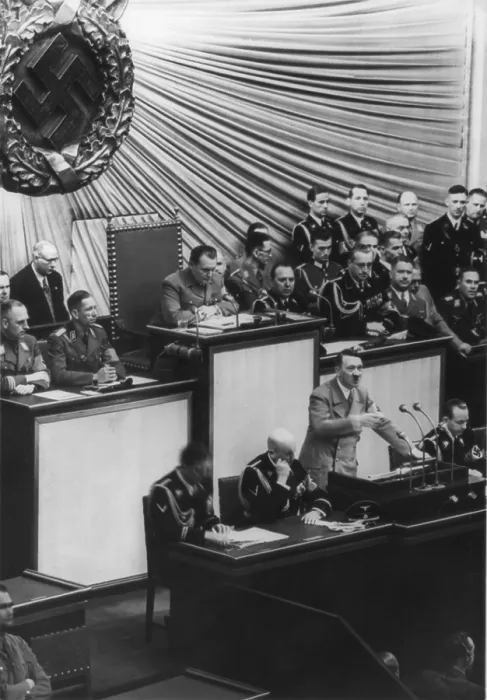 Framed Print : Adolf Hitler, speaking at Reichstag, Apr. 28, 1939. Herman Goering and others are in the background. (BSLOC_2013_11_15) Framed Print : Adolf Hitler, speaking at Reichstag, Apr. 28, 1939. Herman Goering and others are in the background. (BSLOC_2013_11_15)