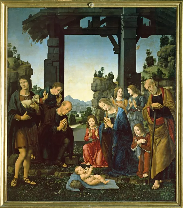 Framed Print : Adoration of the Child (Adorazione del Bambino), by Lorenzo di Credi, 1480 - 1520, 15th or 16th Century, oil on panel, 224 x 196 cm - Italy, Tuscany, Florence, Uffizi Gallery