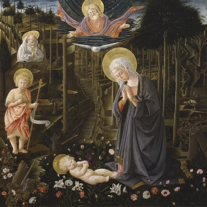 Framed Print : Adoration of the Child, Workshop of Filippo Lippi, 1475 - 1500, 15th Century, tempera on board, 130 x 128 cm - Italy, Tuscany, Florence, Medici Riccardi Palace