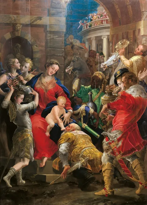 Framed Print : Adoration of the Magi, by Girolamo Mazzola Bedoli, 1547, 16th Century, oil on canvas, cm 293 x 215 - Italy, Emilia Romagna, Parma, National Gallery. All