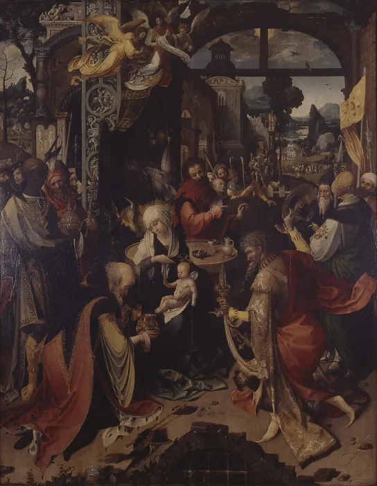 Framed Print : Adoration of the Magi, Nativity, Rest on the Flight into Egypt, by Jan de Beer, 16th century, oil on wood walnut. - Italy, Lombardy, Milan, Brera Collection. Detail Framed Print : Adoration of the Magi, Nativity, Rest on the Flight into Egypt, by Jan de Beer, 16th century, oil on wood walnut. - Italy, Lombardy, Milan, Brera Collection. Detail