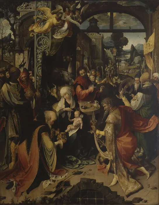 Framed Print : Adoration of the Magi, the Nativity, Rest on the Flight into Egypt (Aanbidding van de koningen, de Geboortekerk, Rust op de vlucht naar Egypte), by Jan de Beer, c.1515-1520