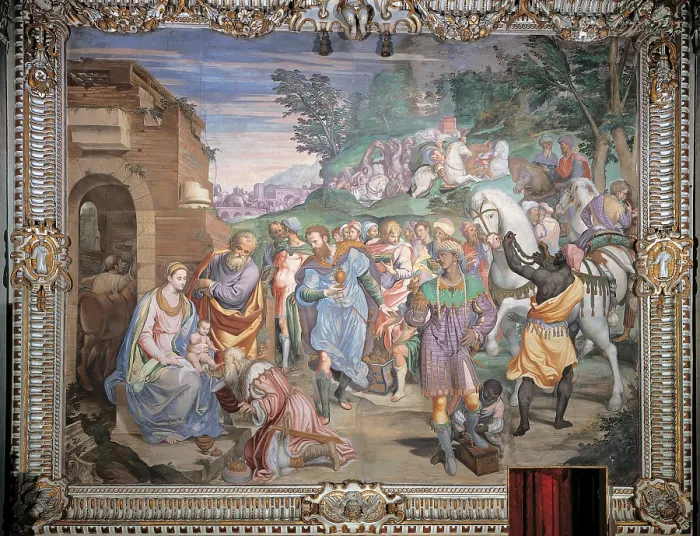 Framed Print : The Adoration of the Magi, by Simone Peterzano, 1578 - 1582, 16th Century, - Italy, Lombardy, Milan, Garegnano, Charterhouse. All