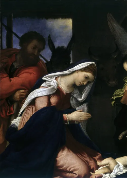 Framed Print : Adoration of the Sheperds, by Lorenzo Lotto, 1534, 16th Century, oil on canvas, 147 x 166 cm - Italy, Lombardy, Brescia, Tosio Martinengo Collection. Detail