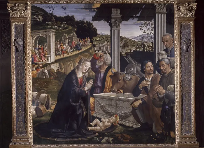 Framed Print : Adoration of the Shepherds (Adorazione dei pastori), by Domenico Ghirlandaio, 1483-1486, 15th Century, tempera on board, 167 x 167 cm - Italy, Tuscany, Florence