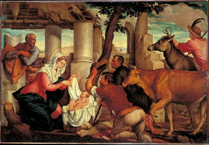 Framed Print : Adoration of the Shepherds, by Jacopo Da Ponte known as Bassano, 1545 about, 16th Century, oil on canvas, cm 95 x 140 - Italy, Veneto, Venice, Accademia Art Galleries. All
