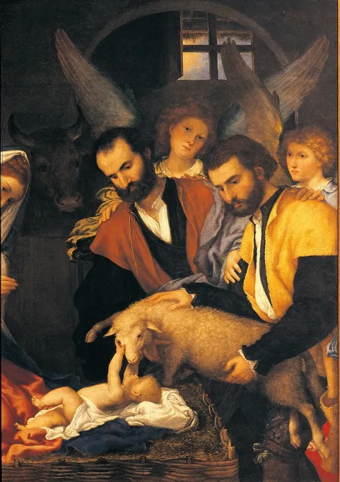 Framed Print : Adoration of the Shepherds, by Lorenzo Lotto, 1534 about, 16th Century, oil on canvas, cm 147 x 166 - Italy, Lombardy, Brescia, Civic Museums of Art and History. Detail Framed Print : Adoration of the Shepherds, by Lorenzo Lotto, 1534 about, 16th Century, oil on canvas, cm 147 x 166 - Italy, Lombardy, Brescia, Civic Museums of Art and History. Detail