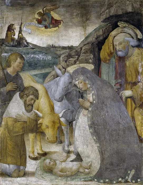 Framed Print : Adoration of the Shepherds, by Unknown Artist, 15th Century, torn fresco - Italy, Lombardy, Lodi, Parrish of Saint Lawrence. Whole artwork view