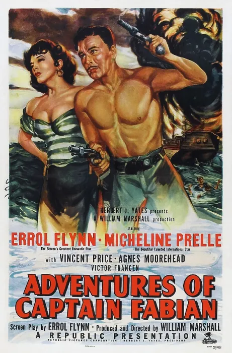 Framed Print : ADVENTURES OF CAPTAIN FABIAN, US poster, from left: Micheline Presle, Errol Flynn, 1951