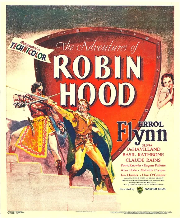 Framed Print : THE ADVENTURES OF ROBIN HOOD, front left: Errol Flynn, top right: Olivia De Havilland on window card, 1938