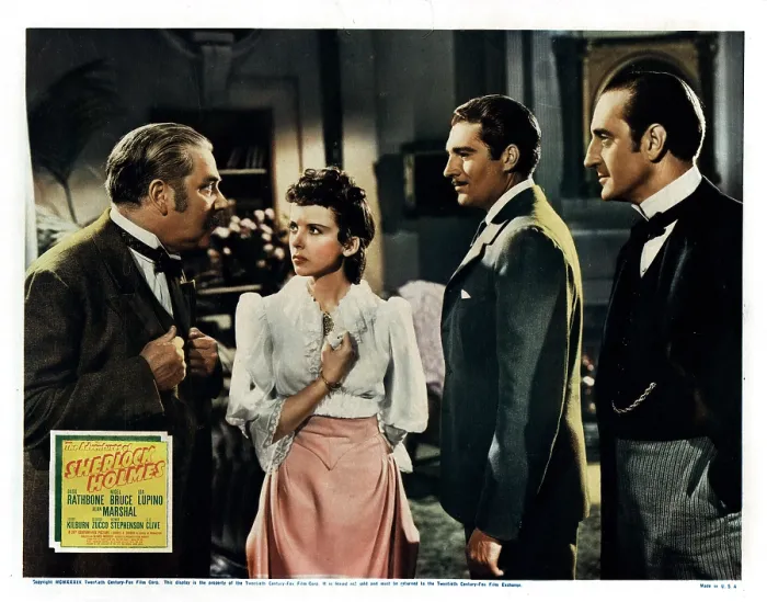 Framed Print : THE ADVENTURES OF SHERLOCK HOLMES, from left, Nigel Bruce, Ida Lupino, Alan Marshal, Basil Rathbone, 1939, TM and copyright 20th Century Fox Film Corp Framed Print : THE ADVENTURES OF SHERLOCK HOLMES, from left, Nigel Bruce, Ida Lupino, Alan Marshal, Basil Rathbone, 1939, TM and copyright 20th Century Fox Film Corp