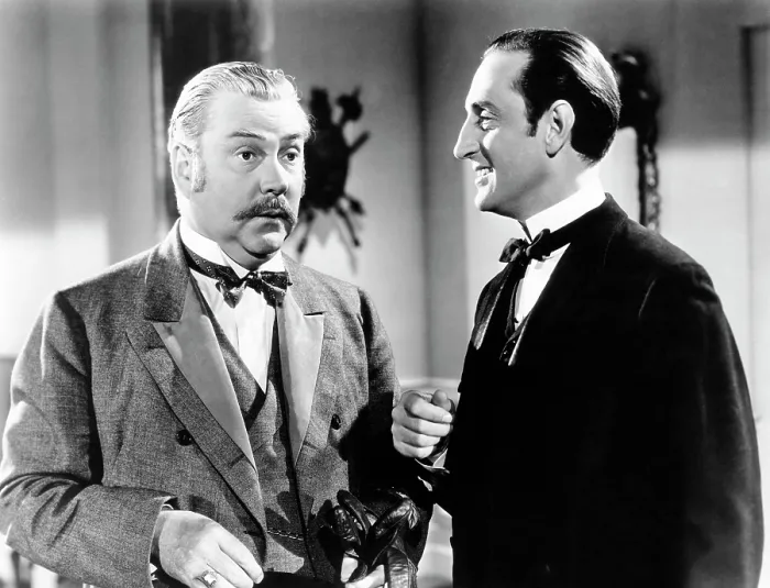 Framed Print : THE ADVENTURES OF SHERLOCK HOLMES, from left: Nigel Bruce, Basil Rathbone, 1939. 20th Century Fox-Film Corporation, TM & Copyright / courtesy Everett Collection