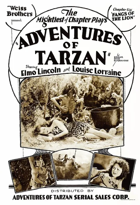 Framed Print : ADVENTURES OF TARZAN, top: Louise Lorraine, bottom l-r: Elmo Lincoln, Louise Lorraine in Chapter Six: Fangs of the Lion, poster art, 1921