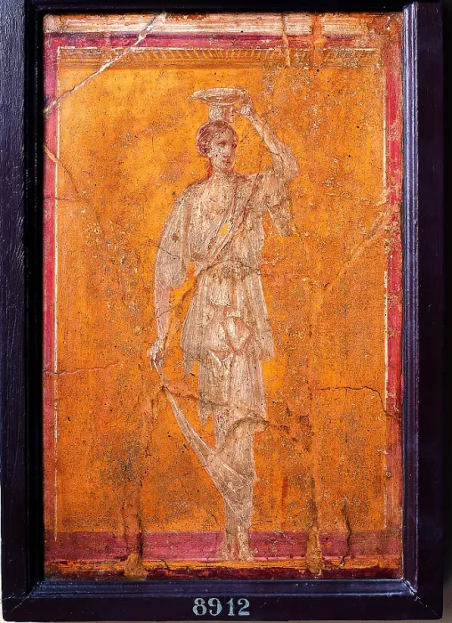 Framed Print : Aedicules with Ladies (Basket-Bearers), by unknown artist, 10-37, 1st Century A.D. ripped fresco, 54 x 37 cm - Italy, Campania, Naples, National Archaeological Museum