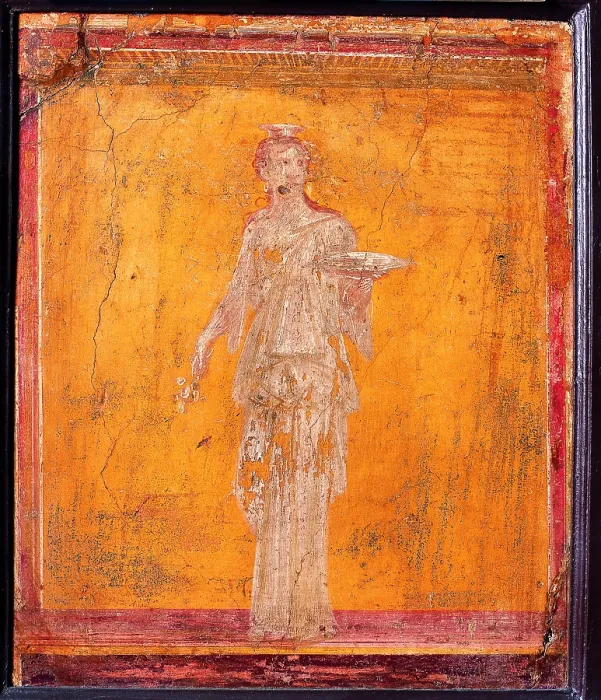 Framed Print : Aedicules with Ladies (Basket-Bearers), by unknown artist, 10-37, 1st Century A.D. ripped fresco, 54 x 45 cm - Italy, Campania, Naples, National Archaeological Museum Framed Print : Aedicules with Ladies (Basket-Bearers), by unknown artist, 10-37, 1st Century A.D. ripped fresco, 54 x 45 cm - Italy, Campania, Naples, National Archaeological Museum