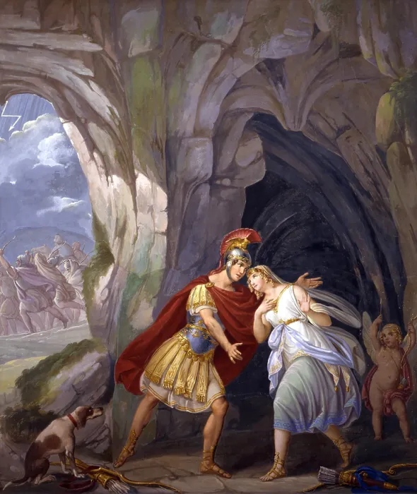 Framed Print : Aeneas and Dido in the cave, by Sebastiano Santi, 1844, 19th Century, fresco - Italy, Veneto, Rovigo, Camerini Palace. Whole artwork view. Aeneas meets Dido in a cave Framed Print : Aeneas and Dido in the cave, by Sebastiano Santi, 1844, 19th Century, fresco - Italy, Veneto, Rovigo, Camerini Palace. Whole artwork view. Aeneas meets Dido in a cave
