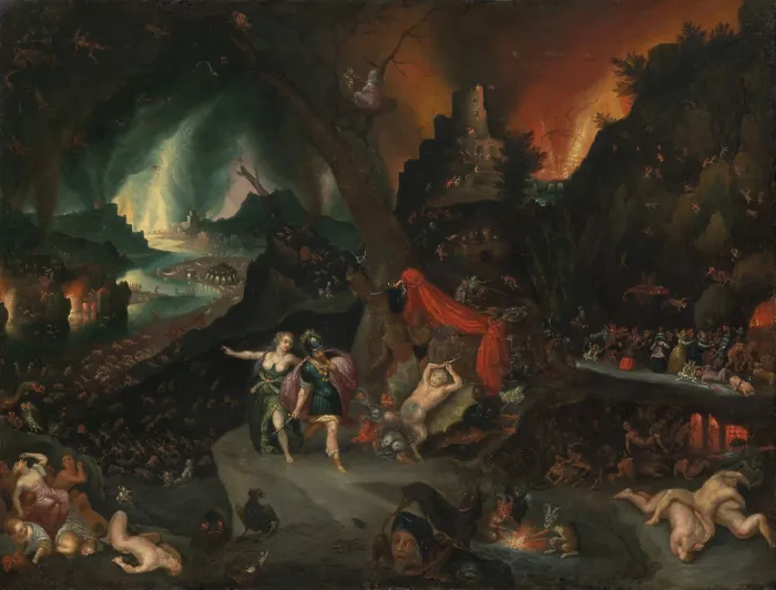 Framed Print : AENEAS AND THE SIBYL IN THE UNDERWORLD, by Jan Brueghel the Younger, 1630-1639, Flemish oil painting. Oil on copper painting illustrates a scene from Virgils AENEID