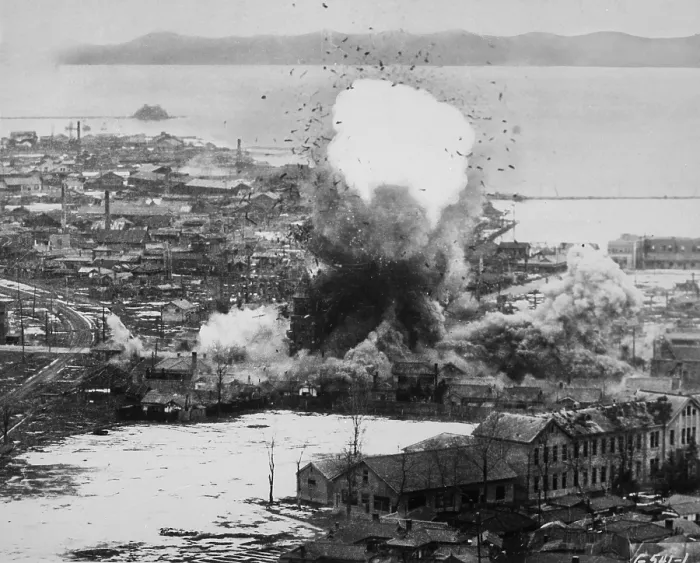 Framed Print : Aerial bombing destroys North Korean supplies during the blockade of Wonsan Framed Print : Aerial bombing destroys North Korean supplies during the blockade of Wonsan