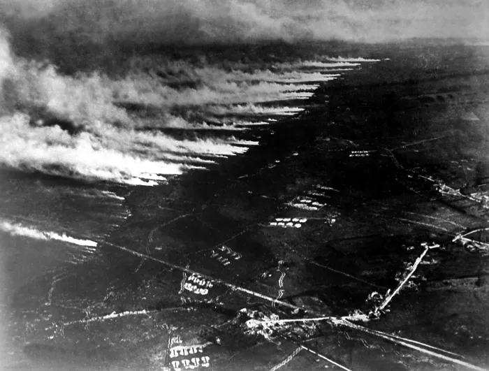 Framed Print : Aerial photo of a gas attack from cylinders. Probably taken during training exercises in France. World War I. Ca. 1915-1918