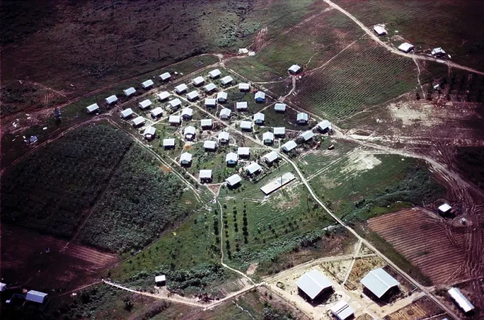 Framed Print : Aerial photo of Jonestown, Guyana. FBI photo taken during the investigation of the People's Temple mass suicide. Nov. 1978