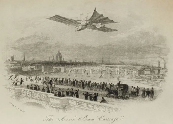 Framed Print : The aerial steam carriage proposed by British inventor William Samuel Henson in an imaginary flight over the Thames River London 1843