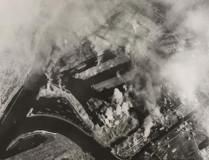 Framed Print : Aerial view after Allied bombing of Howaldtswerke shipbuilding yards in Hamburg, Germany. U.S. B-17 Flying Fortresses bombed the target on August 4, 1943. World War 2 Framed Print : Aerial view after Allied bombing of Howaldtswerke shipbuilding yards in Hamburg, Germany. U.S. B-17 Flying Fortresses bombed the target on August 4, 1943. World War 2