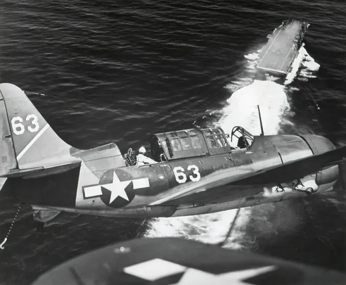 Framed Print : Aerial view of a Curtiss Helldiver in the landing circle above the USS YORKTOWN. Photo taken in the Pacific in World War 2 fighting against the Japanese. July 1944