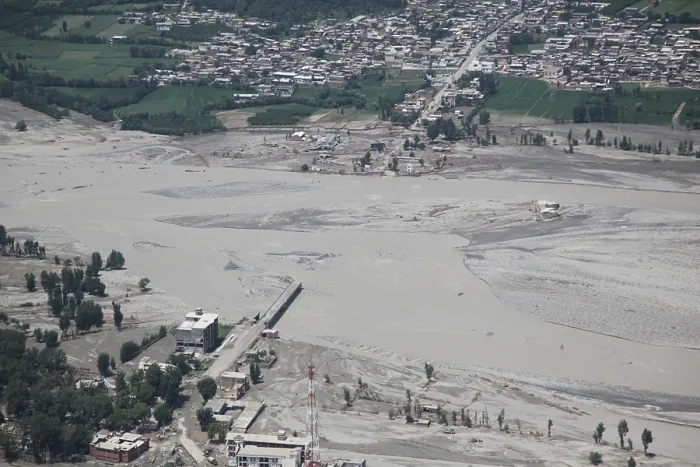 Framed Print : An aerial view of damage caused by unprecedented flooding in the Khyber Pakhtunkhwa province of Pakistan. Aug. 5 2010. (BSLOC_2011_12_381)
