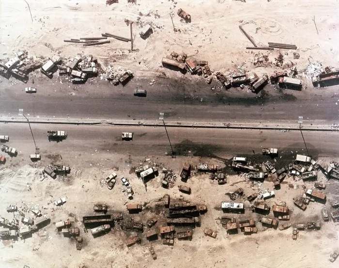 Framed Print : Aerial view of destroyed Iraqi vehicles beside the Highway 80 west of Kuwait City