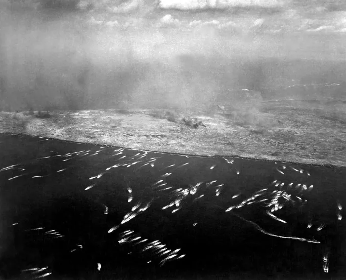 Framed Print : Aerial view of the first wave of landing craft invading Iwo Jima, Feb. 19, 1945. World War 2. (BSLOC_2013_13_49) Framed Print : Aerial view of the first wave of landing craft invading Iwo Jima, Feb. 19, 1945. World War 2. (BSLOC_2013_13_49)
