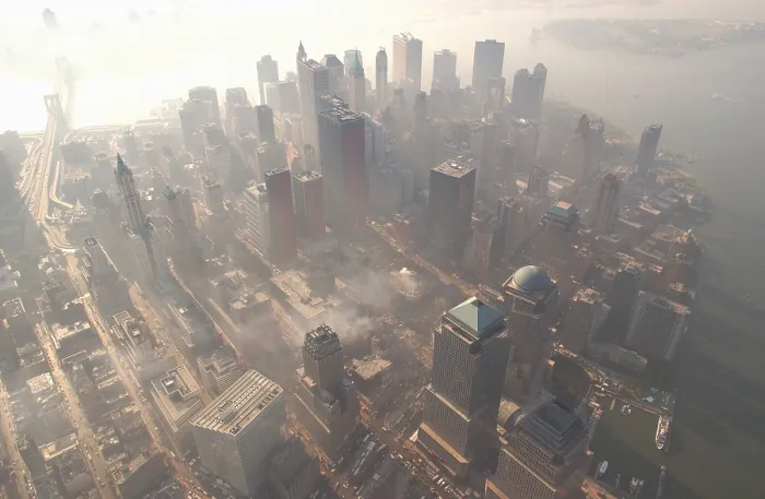 Framed Print : Aerial view of Ground Zero from the northwest on a hazy day, Oct. 4, 2001. At upper left is the Brooklyn Bridge, and at upper right is Governor's Island Framed Print : Aerial view of Ground Zero from the northwest on a hazy day, Oct. 4, 2001. At upper left is the Brooklyn Bridge, and at upper right is Governor's Island