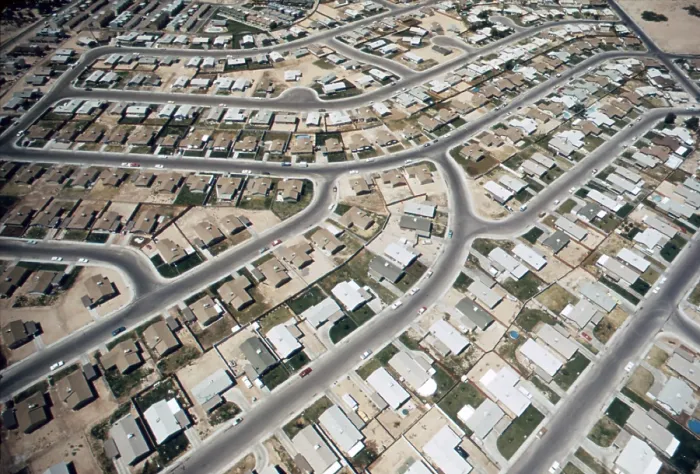 Framed Print : Aerial view of a housing development in Las Vegas, Nevada, ca. 1973