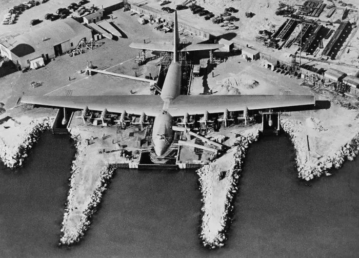 Framed Print : Aerial view of Hughes Flying-boat seaplane under construction at its dock in Long Beach, 1947