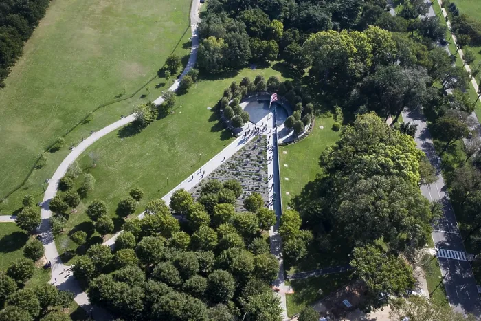 Framed Print : Aerial view of the Korean War Memorial, Washington, D.C. The memorial is in the form of a triangle intersecting a circle with an engraved granite wall on one side Framed Print : Aerial view of the Korean War Memorial, Washington, D.C. The memorial is in the form of a triangle intersecting a circle with an engraved granite wall on one side