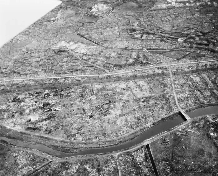 Framed Print : Aerial view of Nagasaki, Japan, after atomic bombing of Aug. 9, 1945. The hilly geography of Nagasaki limited the damage to the Urakami Valley and part of downtown Nagasaki Framed Print : Aerial view of Nagasaki, Japan, after atomic bombing of Aug. 9, 1945. The hilly geography of Nagasaki limited the damage to the Urakami Valley and part of downtown Nagasaki