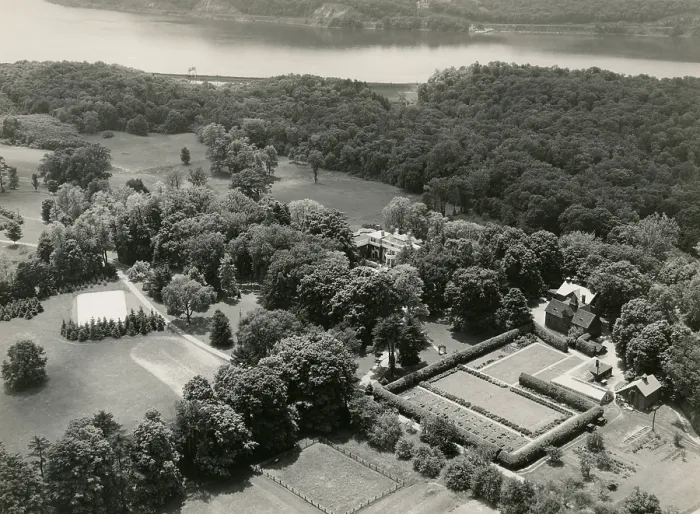 Framed Print : Aerial view of the Springwood estate of the Franklin D. Roosevelt family. 1932. In the distance is the Hudson River. (BSLOC_2013_6_37)