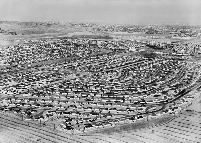 Framed Print : Aerial view of suburban housing developments sprawling from Los Angeles. 1954. (BSLOC_2014_13_147)