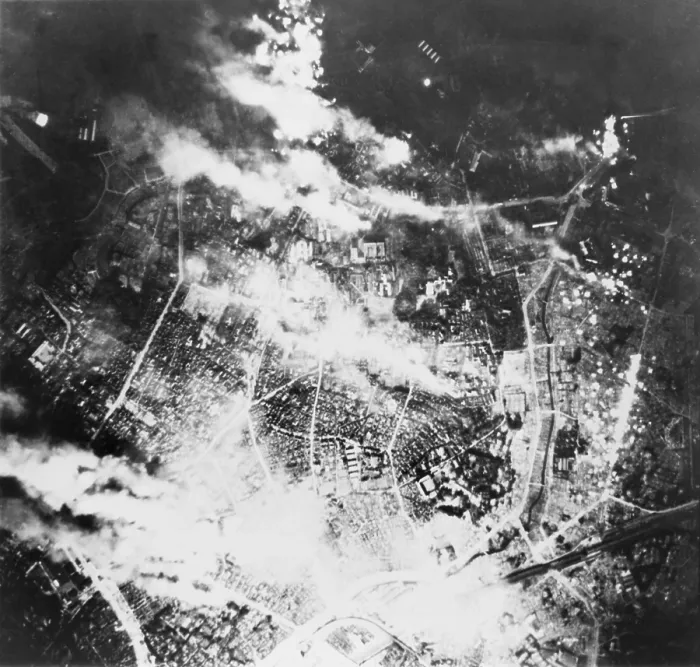 Framed Print : Aerial view of Tokyo burning following incendiary bombing by B-29s, on the night of May 26, 1945. World War 2. (BSLOC_2014_10_122) Framed Print : Aerial view of Tokyo burning following incendiary bombing by B-29s, on the night of May 26, 1945. World War 2. (BSLOC_2014_10_122)