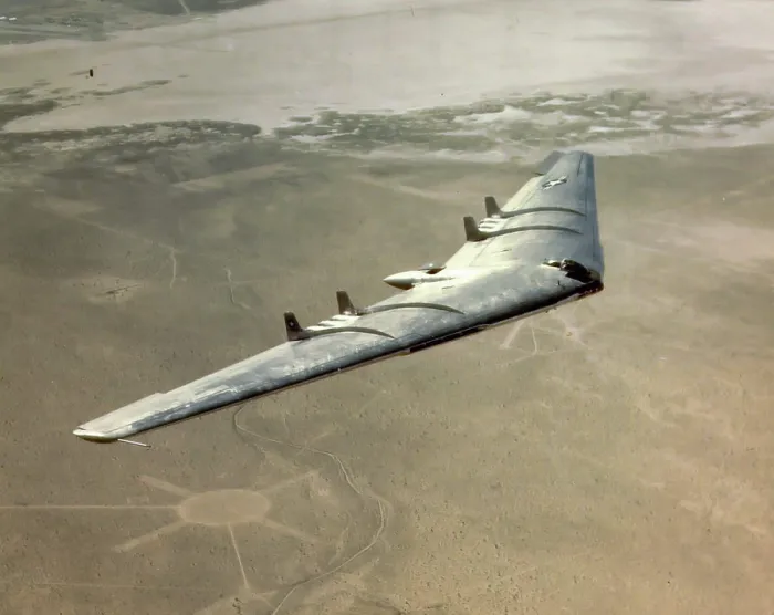 Framed Print : Aerial view of U.S. Air Force's 100-ton Northrop Flying Wing YB-49 jet bomber in flight, 1948